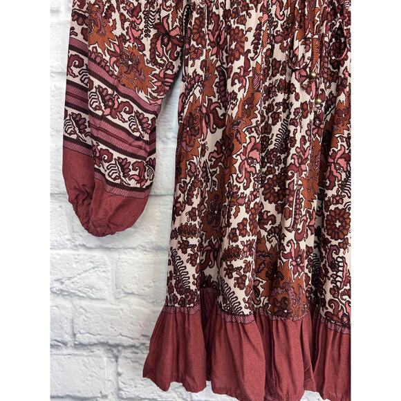 OLIVACEOUS Cottage Core Boho Floral Ruffled Mini Dress Balloon Sleeve Brown Sz M - Picture 3 of 8
